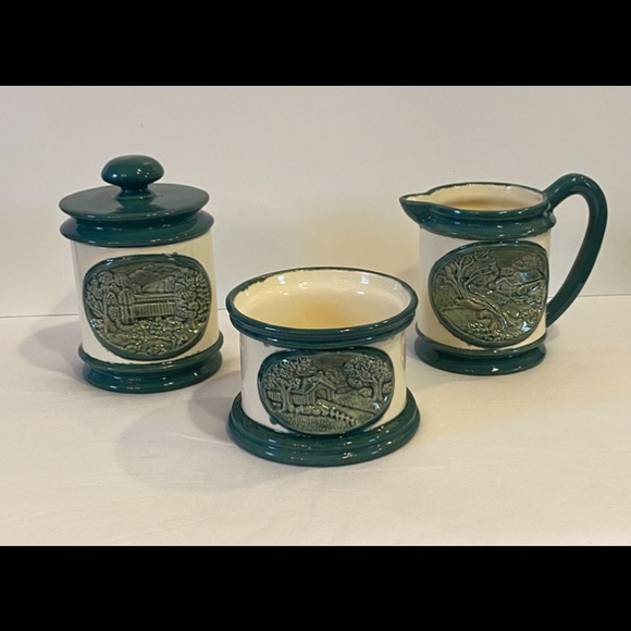 hershey Other - Vintage Hersey 1981 3pc Green White Glazed Ceramic Handcrafted Creamer Sugar Set